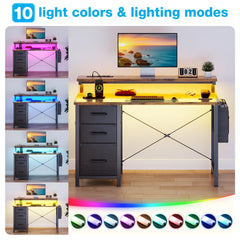 40 in Computer Desk with Power Outlets & LED Lights, Home Office Desk with 3 Drawers & Adjustable Monitor Shelf, , Writing Desk with Storage Bag, Vintage