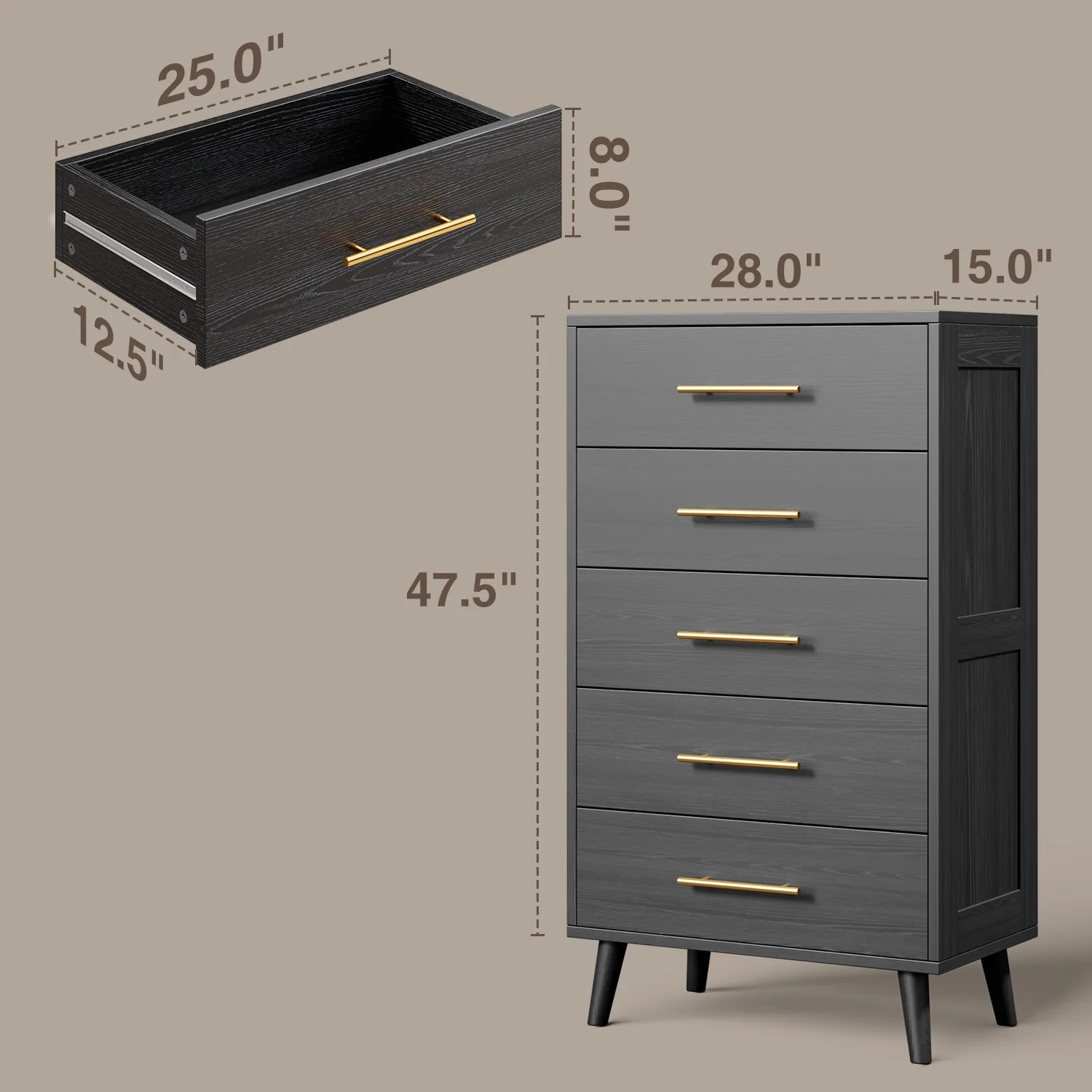 Bedroom Set - Includes Full Size Bed Frame (Dark Gray), Nightstands, 5 - Drawer Dresser & Double Wide 6 - Drawer Dresser - Modern Storage Solution for Stylish Home Decor, Black