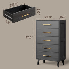 Bedroom Set - Includes Full Size Bed Frame (Dark Gray), Nightstands, 5 - Drawer Dresser & Double Wide 6 - Drawer Dresser - Modern Storage Solution for Stylish Home Decor, Black