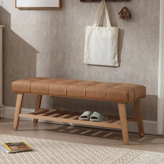 Dayalane Upholstered Storage Bench with Shoe Rack, Linen Fabric Entryway Bench for Living Room, Bedroom and Hallway, Multi Functional Ottoman with Solid Wood Shelf, Beige