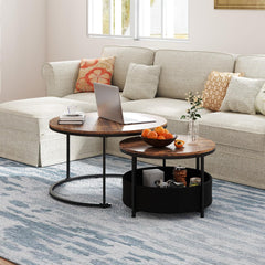 Tangkula Round Nesting Coffee Table Set of 2 with Fabric Storage Basket & Metal Frame
