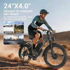 3000W Peak Dual Motor E - Bike, 52V 25AH Battery Elec - Tric Bike for Adults, 35MPH Mountain AWD 7 - Speed Snow E - Bike with 24" x 4.0 Fat Tire for Mountain Snow Hunting Commuting