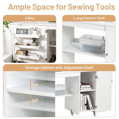 62.5" Folding Sewing Table Rolling Craft Station with Storage Cabinet & Shelves, Foldable Sewing Machine Desk w/ Lockable Wheels for Home