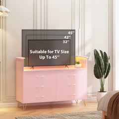 Garvee Dresser for Bedroom 6 Drawer with LED Light & Charging Station, Wooden Dressers and Chests of Drawers with 2 - Tier Open Shelves, Wide Dresser Organizer for Living Room Hallway Entryway, Pink