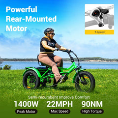 Addmotor M - 360II Semi - Recumbent Electric Trike, 85MI, Fat Tire 3 Wheel Electric Bike for Adults, 750W 48V 20ah Electric Tricycle for Seniors, 20" Electric Trike with Speed Differential, Green