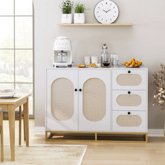 Homfa 3 Drawers Accent Storage Cabinet, 34.2"h Gold Buffet Sideboard with Rattan Doors for Living Room, White