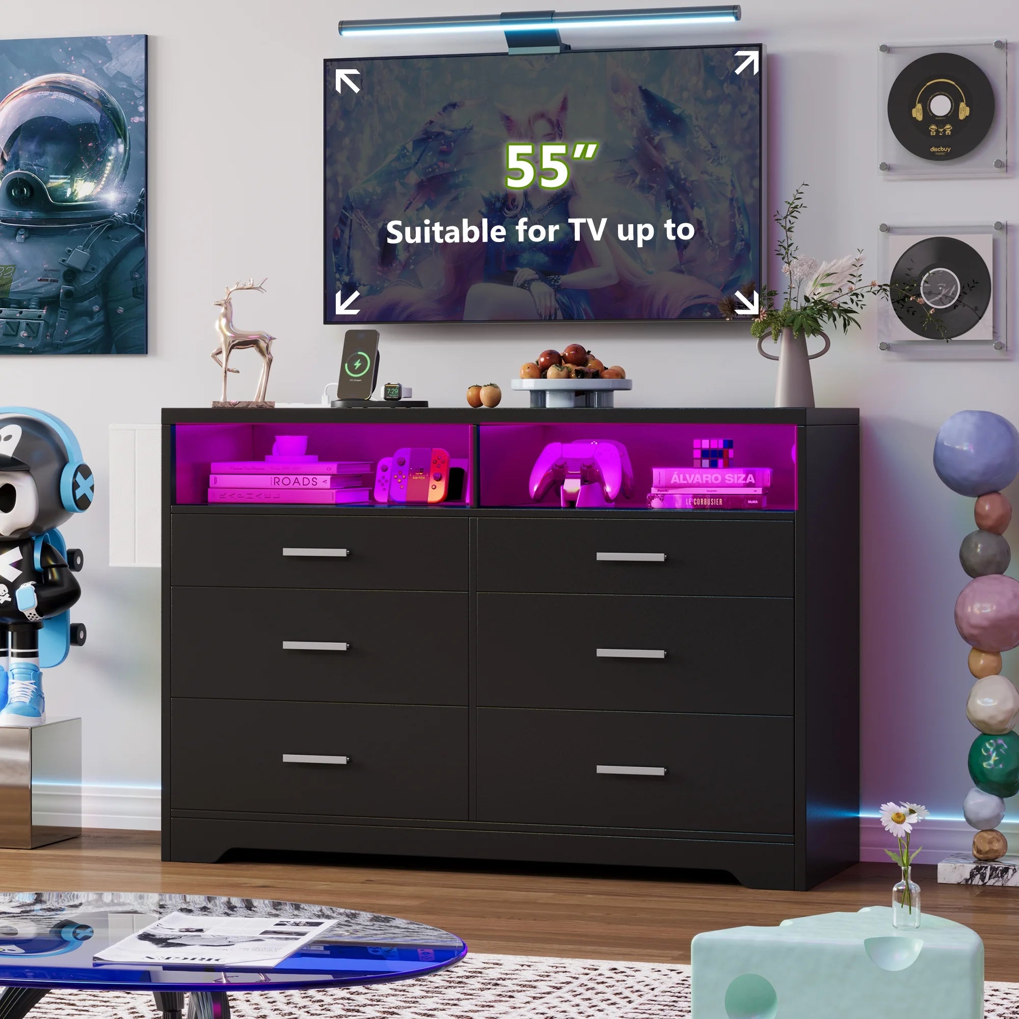 White Dresser for Bedroom, 6 Drawers Dresserwith LED Lights and Charging Station, 47" Wide Bedroom Dresser Chest of Drawers Storage Organizer TV Stand for up to 55" TV for Living Room