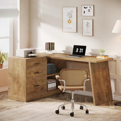 55 - Inch L Shaped Computer Desk with 3 Drawers, Corner Home Office Desk with Storage Shelves