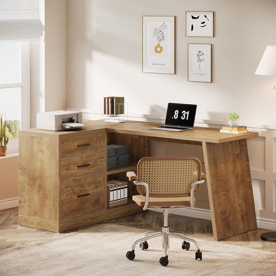 55 - Inch L Shaped Computer Desk with 3 Drawers, Corner Home Office Desk with Storage Shelves