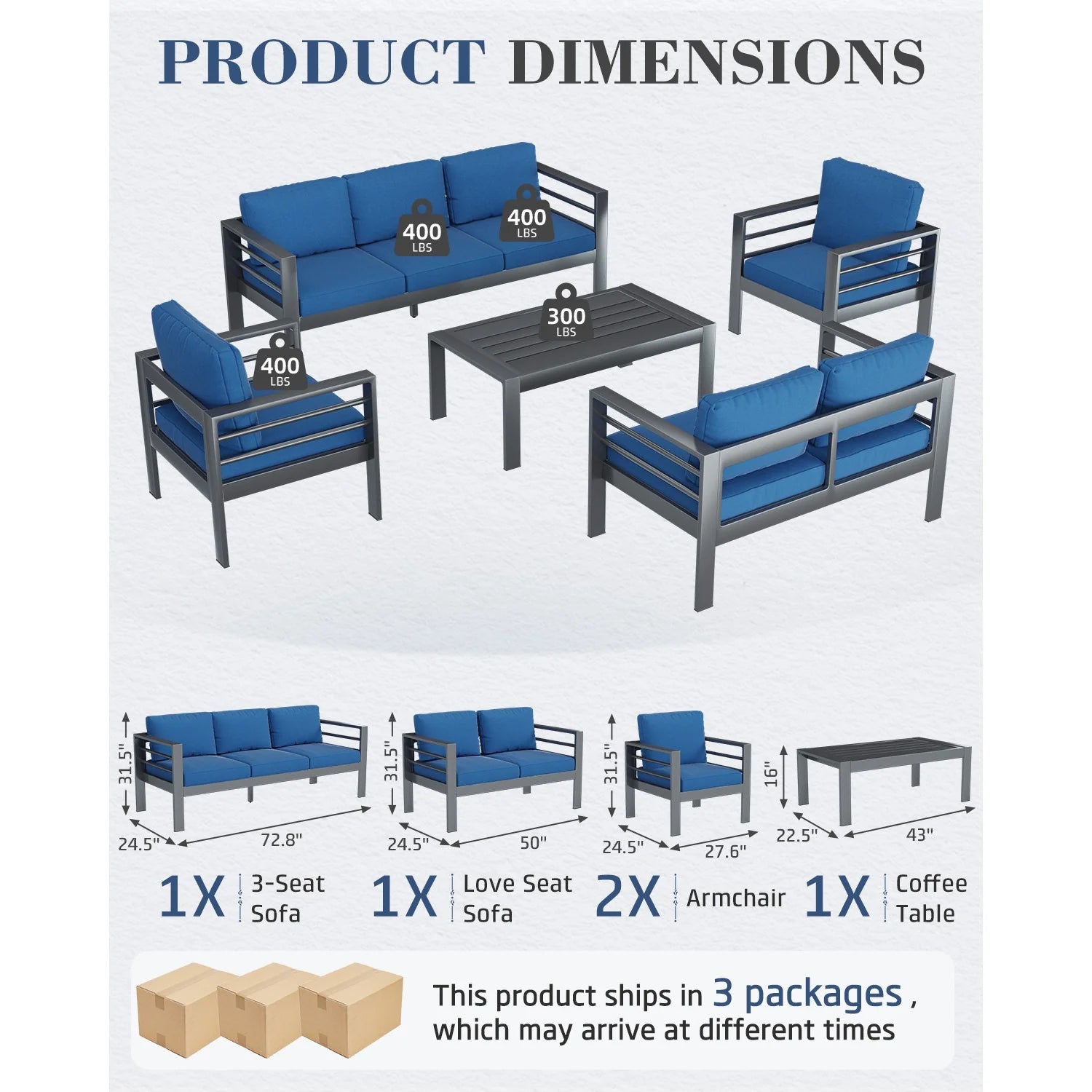 AECOJOY Aluminum Patio Furniture Set, 5 Pieces Outdoor Sectional Sofa Set, Blue
