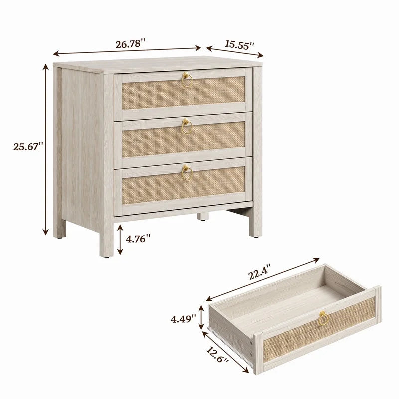 Surmoby Oak Boho 3 - Drawer Nightstand Set of 2 - Extra Wide Storage Night Stand with Gold Handles Large&Tall Bed Side Table for Bedroom Living Room Enterway