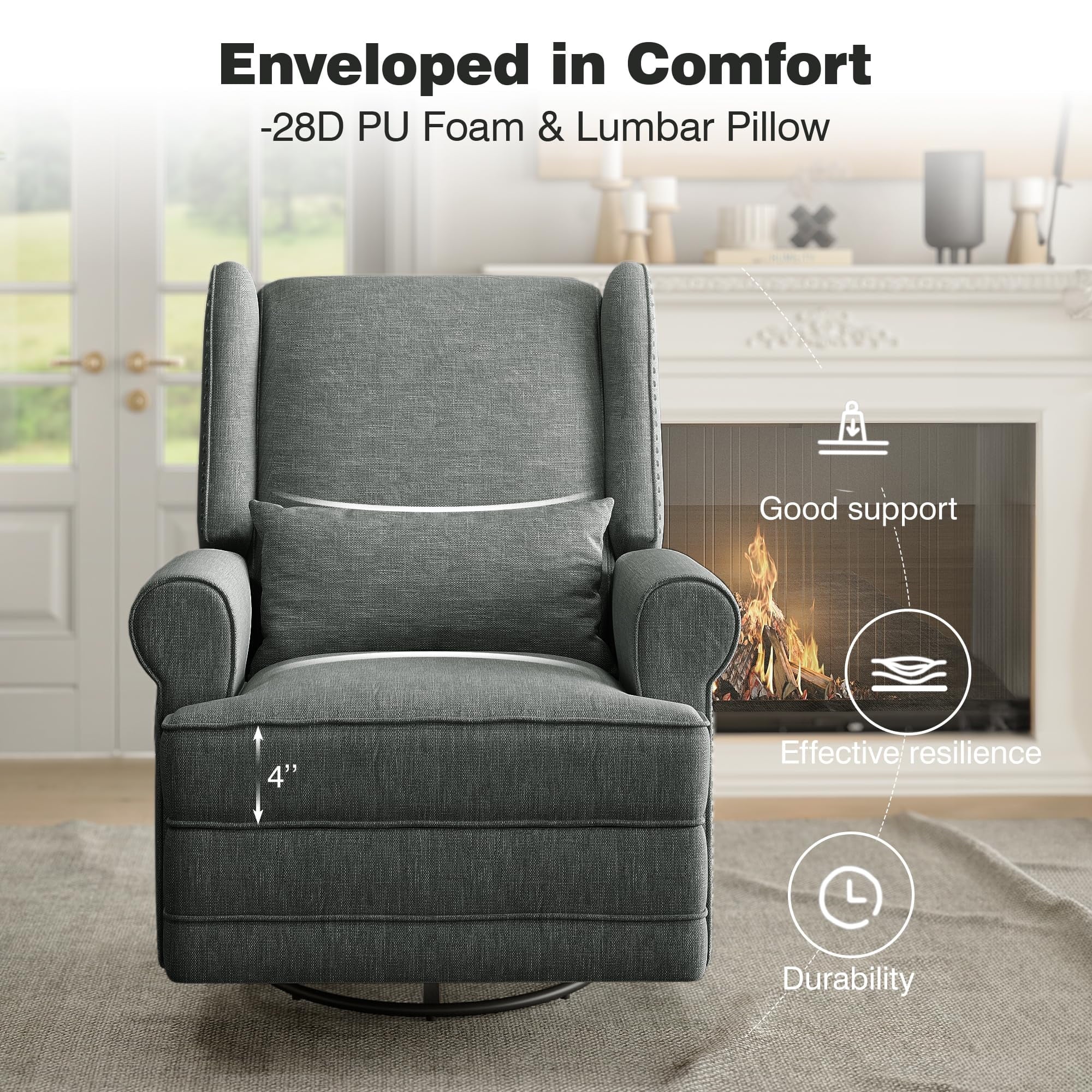Royalcraft Swivel Nursery Glider Recliner, Comfy Upholstered Glider Chair with Lumbar Pillow and Footrest, Beige