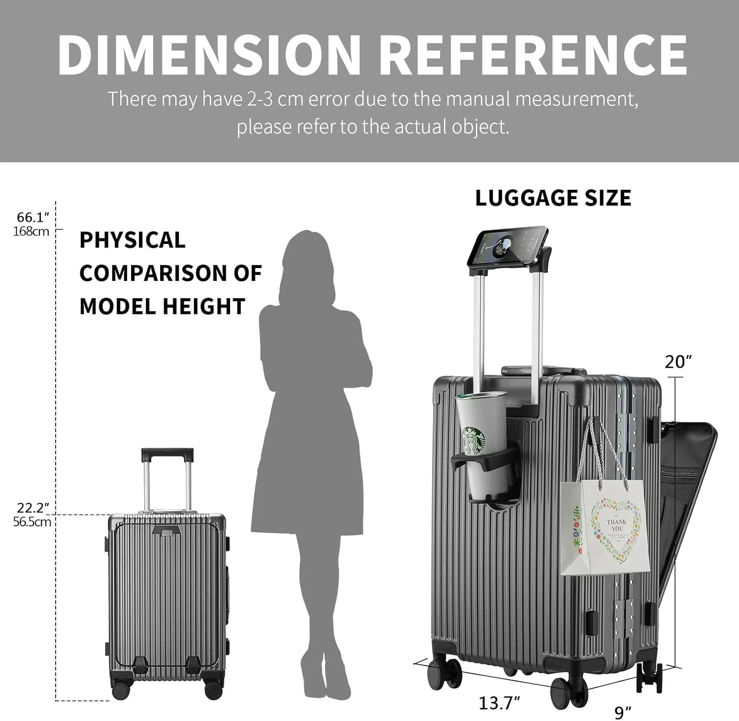 Carry - on Luggage with USB Charging Port, Front Compartment, TSA Lock, Airline Approved Carry on Hardside Suitcase with Spinner Wheels (Grey, 20 in)