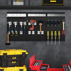 3 Pcs Metal Pegboard Panels w/25 Hooks, Storage Platform & Square Hole, Heavy Duty Pegboard Wall Organizer, Peg Board for Workshop Tool Storage
