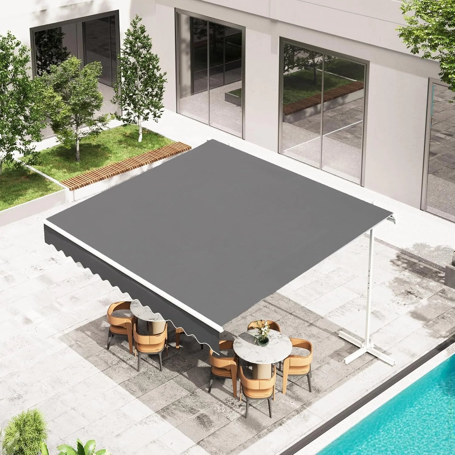 AECOJOY Free Standing Retractable Awning, 13'x10' Patio Awnings Outdoor Manual Sun Shade Shelter, Dark Grey