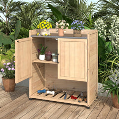 AECOJOY Potting Bench, Outdoor Wooden Storage Cabinet with Adjustable Shelf, Metal Tabletop