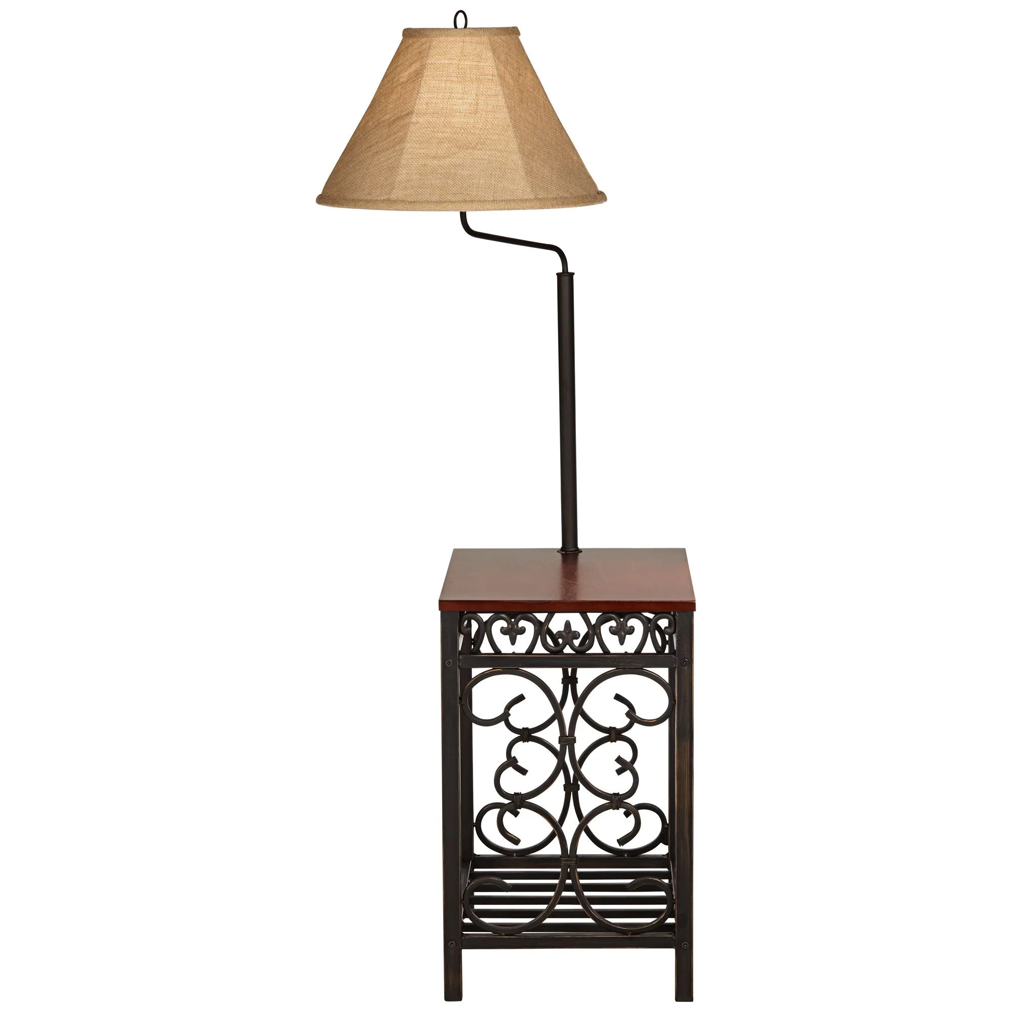Regency Hill Travata Rustic Vintage Floor Lamp with End Table 54" Tall Bronze Scrollwork Swing Arm Burlap Fabric Empire Shade for Living Room Reading