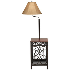 Regency Hill Travata Rustic Vintage Floor Lamp with End Table 54" Tall Bronze Scrollwork Swing Arm Burlap Fabric Empire Shade for Living Room Reading