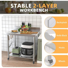 AECOJOY Stainless Steel Table 36"x30" with Backsplash and Knife Blocks Prep Tables for Commercial Kitchen