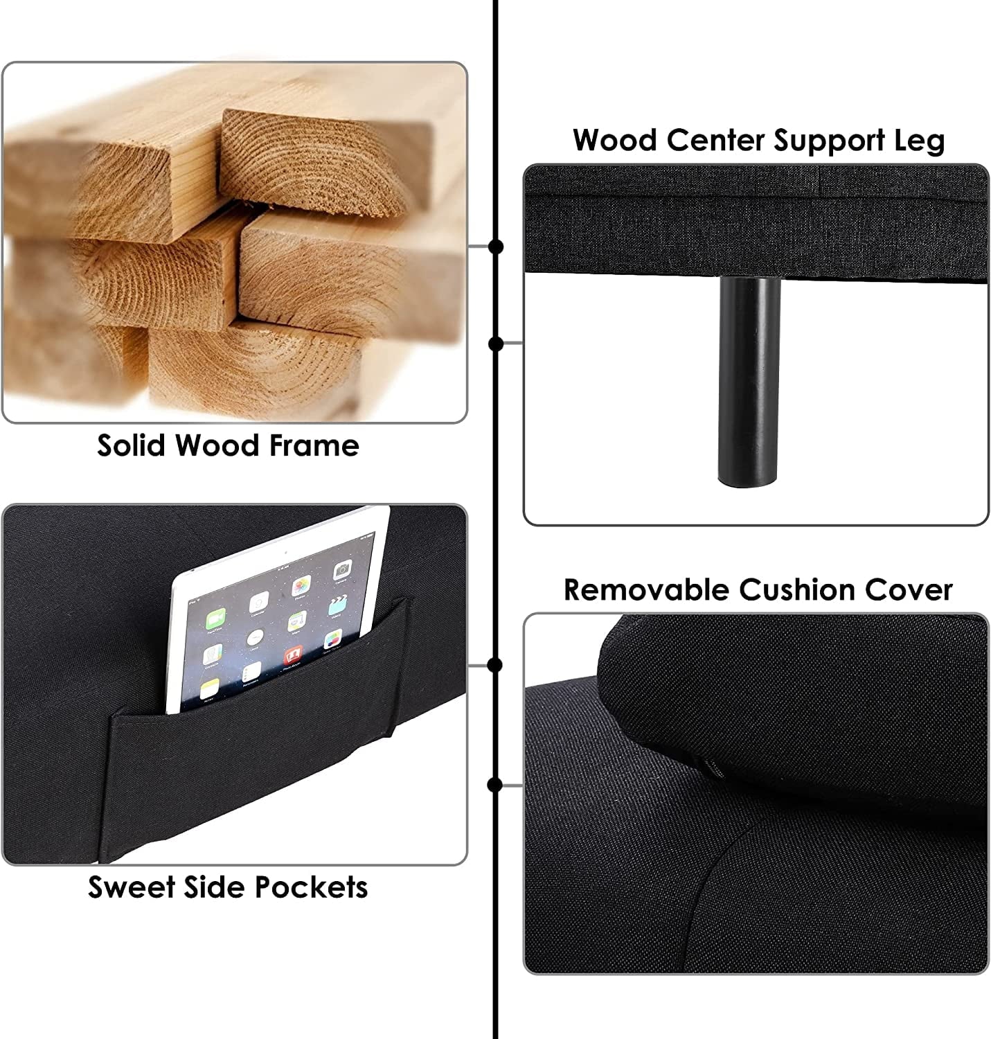 Homfa 66.3'' Upholstered Sofa Bed Couch, Convertible Futon Folding Sleeper Sofa with Removable Armrests and 2 Cupholders for Living Room, Black