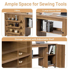 62.5" Folding Sewing Table Rolling Craft Station with Storage Cabinet & Shelves, Foldable Sewing Machine Desk w/ Lockable Wheels for Home