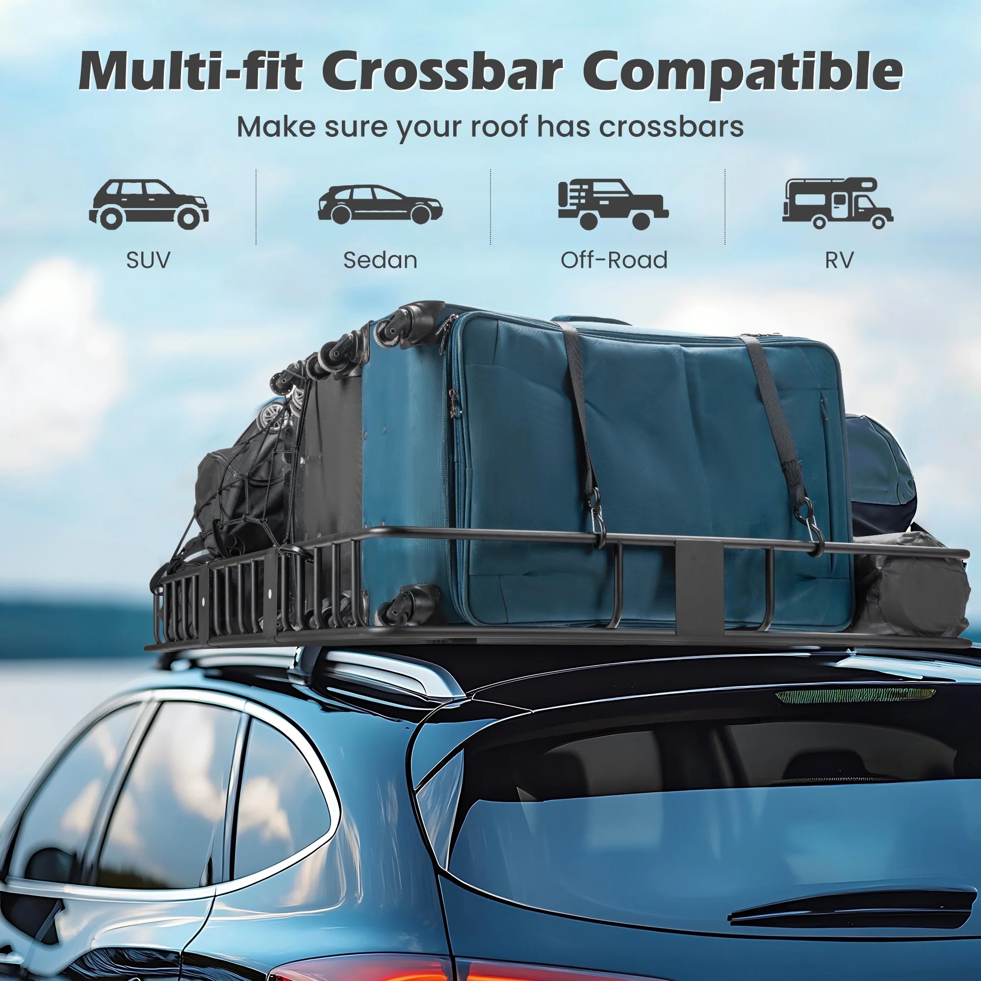 Naipo Roof Rack Cargo Basket, 500 lb, 64"x39"x6"extendable Roof Luggage Holder Rack with 4 U - Bolts for SUV/RV, Camping