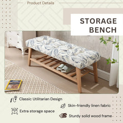 Dayalane Upholstered Storage Bench with Shoe Rack, Linen Fabric Entryway Bench for Living Room, Bedroom and Hallway, Multi Functional Ottoman with Solid Wood Shelf, Beige