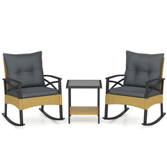 3 Piece Rattan Patio Rocking Bistro Set, Outdoor Wicker Rockers with Cushions & 2-Tier Tempered Glass Coffee Table for Porch, Balcony, Backyard