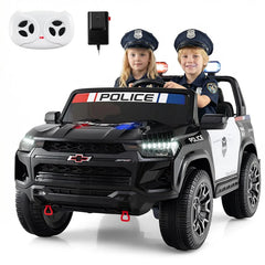 24V 4WD 2-Seater Ride on Police Car, Licensed Chevrolet Kids Electric Vehicle with Remote Control, Megaphone, Siren, Flashing LED Lights & Storage
