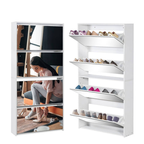Shoe Storage Cabinet for Entryway Slim, White Wood Shoe Rack Organizer with 4 Flip Mirror Drawers, Freestanding Modern Narrow Shoes Storage Cabinet,