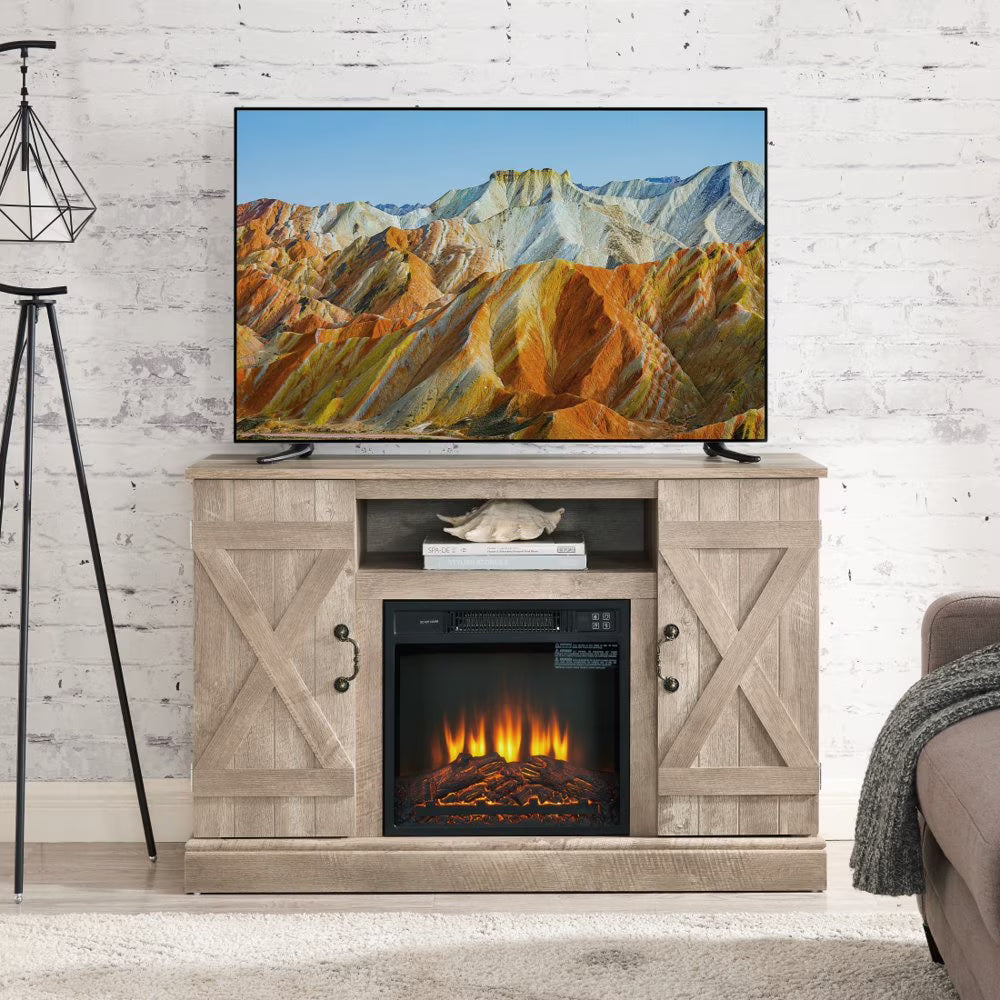 Gzxs Farmhouse Fireplace TV Stand with 18" Electric Fireplace for 50 in Tvs, Farmhouse Entertainment Center W/ Open Shelves, TV Media Console for Living Room, Gray Wash