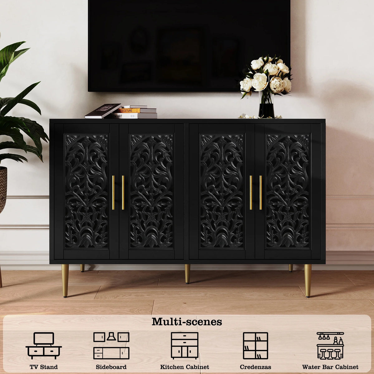 HLR 48" Accent Cabinet with 4 Doors, Vintage Hollow Carving Storage Credenza, Sideboards and Buffets Cabinet for Living Room, Kitchen, Dining Room, Entryway