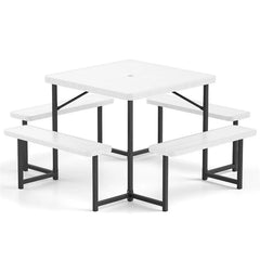 4-8 Person Outdoor Picnic Table Bench Set, All-Weather HDPE Square Dining Table with Umbrella Hole, 4 Benches & Metal Frame for Patio Backyard