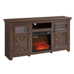 60" Farmhouse Fireplace TV Stand for Tvs up to 70 in, Entertainment Center with 18" Electric Fireplace, Rustic TV with Glass Barn Doors for Living Room, Adjustable Shelf