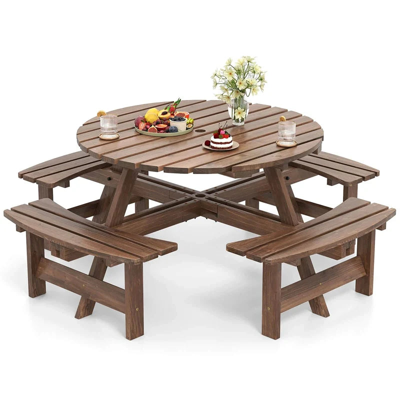 8-Person Round Wood Picnic Table Set with 4 Built-in Benches & 2" Umbrella Hole, Holds 2420 LBS, Outdoor Dining Table & Bench for Patio Garden