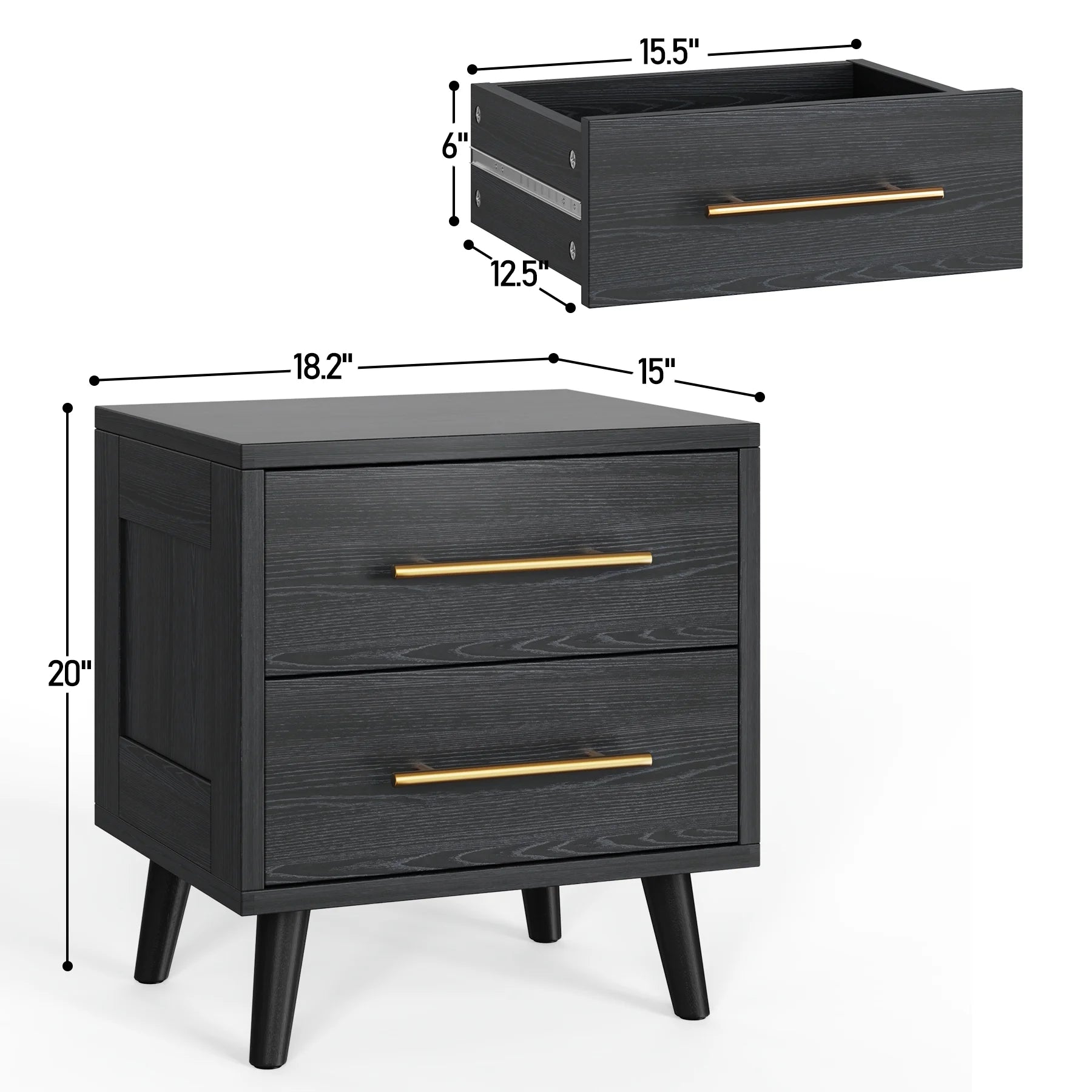 Bedroom Set - Includes Full Size Bed Frame (Dark Gray), Nightstands, 5 - Drawer Dresser & Double Wide 6 - Drawer Dresser - Modern Storage Solution for Stylish Home Decor, Black