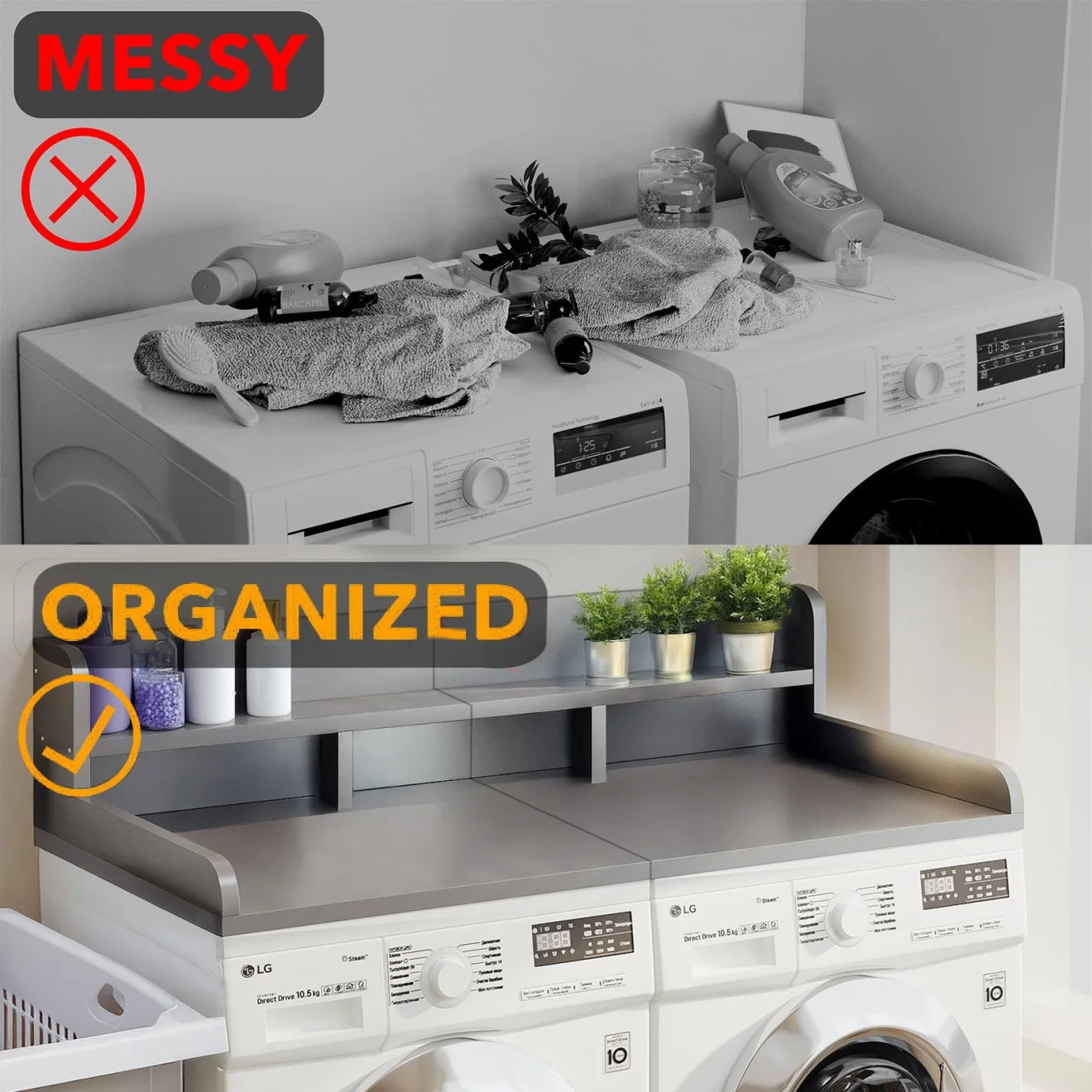 Wood 2 - Tier Washer Dryer Countertop with Edge Rails, 54" W x 27.5" D Washer and Dryer Topper for Laundry Room Organization and Storage, Walnut