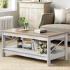 Moasis Farmhouse Coffee Table with Storage 2 - Tier Center Table for Living Room Grey Wash Top+White