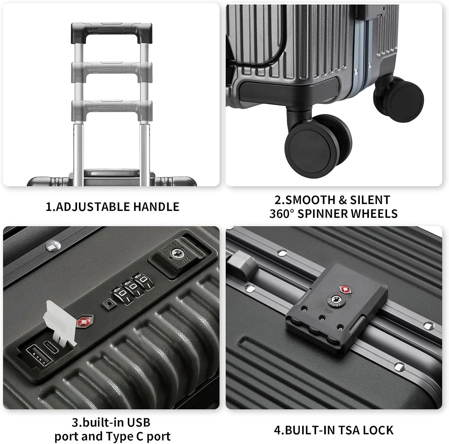 Carry - on Luggage with USB Charging Port, Front Compartment, TSA Lock, Airline Approved Carry on Hardside Suitcase with Spinner Wheels (Grey, 20 in)