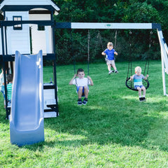 Backyard Discovery Canyon Creek Cedar Wood Swing Set with Wave Slide. Clubhouse. Play Kitchen. Picnic Area. Belt Swings. Web Swing. Rock Wall. Balconies. Playhouse. Step Ladder. Outdoor Playset