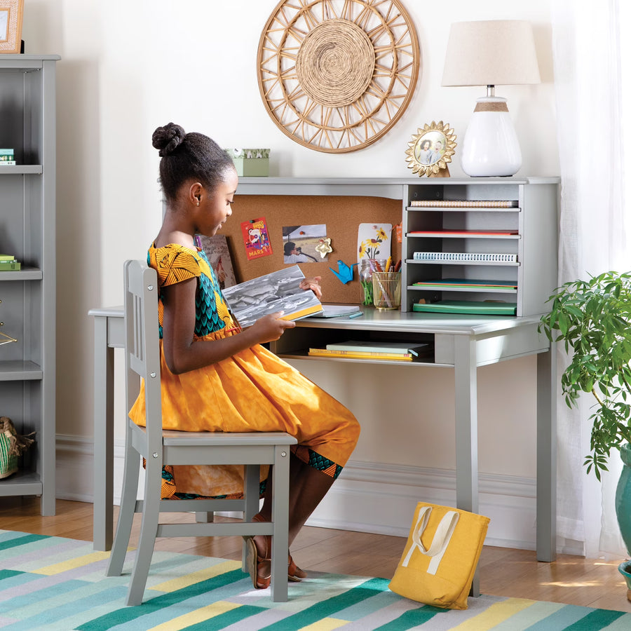 Guidecraft Kids Media Desk and Chair Set - Gray: Kids Desk and Chair Set, Study Table for Kids with Hutch and Shelf, Wood Bedroom Furniture Set
