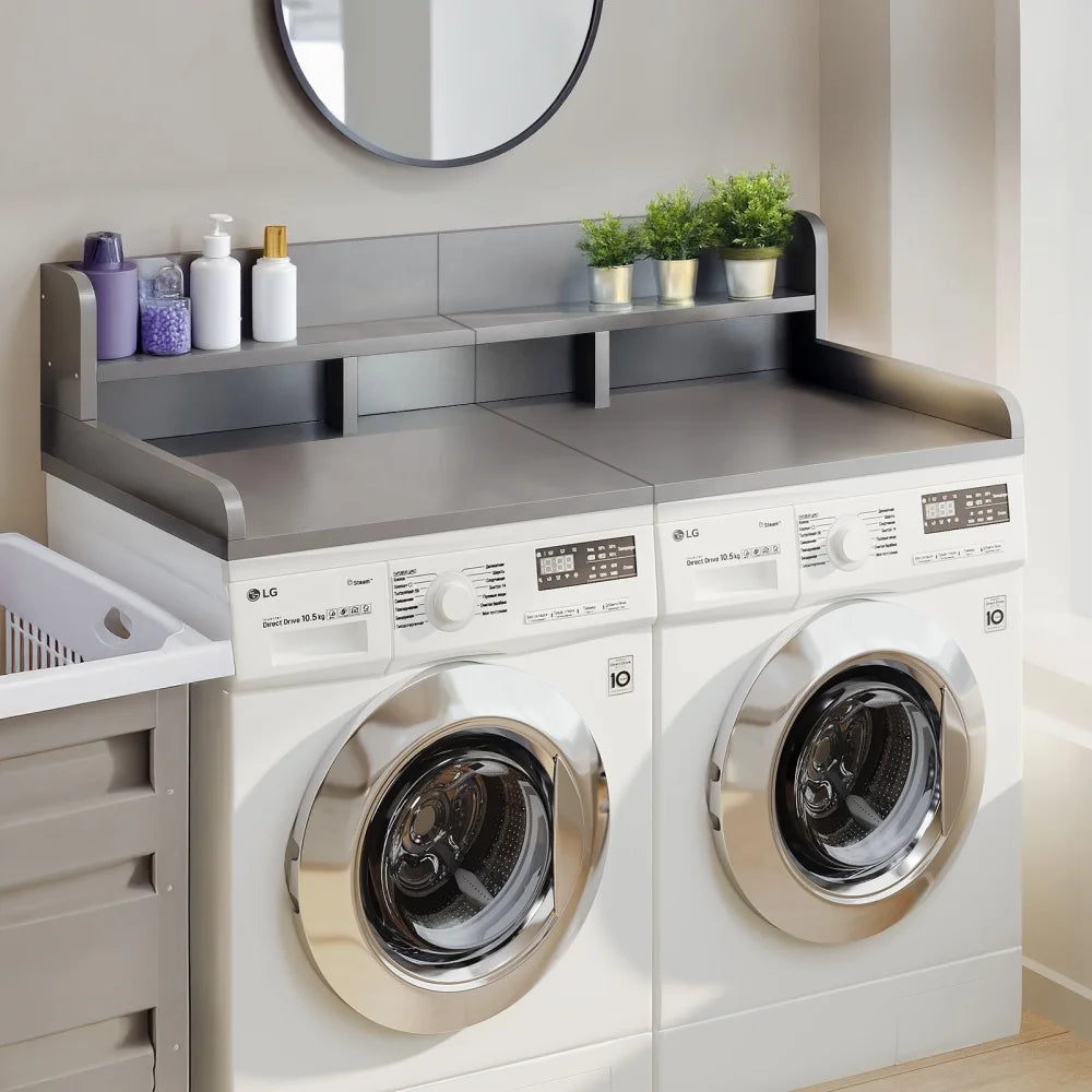 Wood 2 - Tier Washer Dryer Countertop with Edge Rails, 54" W x 27.5" D Washer and Dryer Topper for Laundry Room Organization and Storage, Walnut