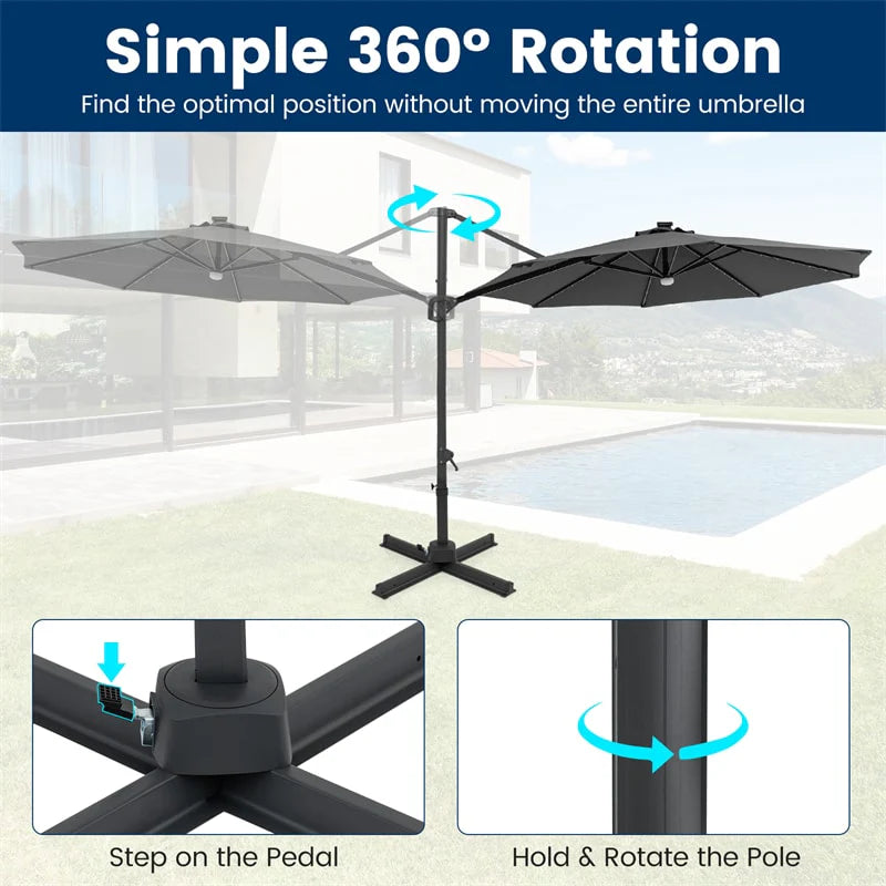 10FT Cantilever Patio Umbrella w/ 36 Solar LED Lights, 360° Rotation Offset Hanging Umbrella, Easy Tilt, 8 Sturdy Ribs, Sun Shade for Yard Pool