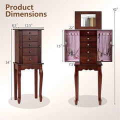 Standing Jewelry Armoire Cabinet with Flip Top Mirror, 4 Drawers, 8 Necklace Hooks & 2 Side Doors, Jewelry Storage Organizer Chest for Bedroom
