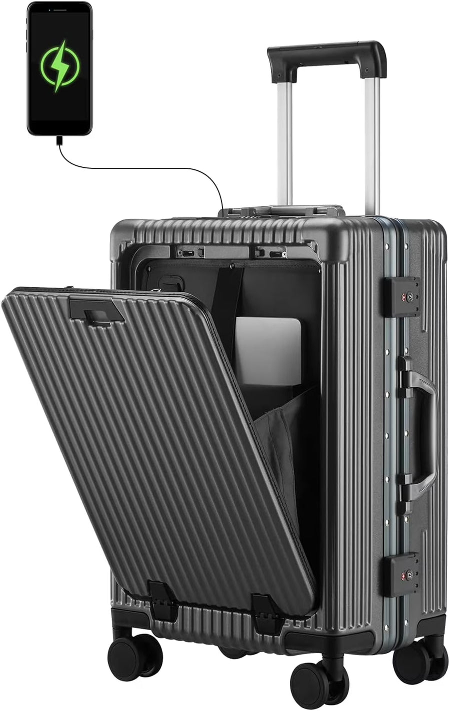 Carry - on Luggage with USB Charging Port, Front Compartment, TSA Lock, Airline Approved Carry on Hardside Suitcase with Spinner Wheels (Grey, 20 in)