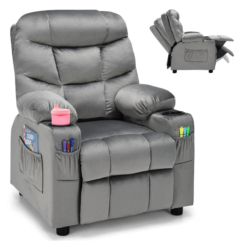 Kids Recliner Chair Adjustable Velvet Lounge Sofa with Cup Holders, 3 Pockets, Retractable Footrest, Toddler Furniture Sofa for Boys Girls Room