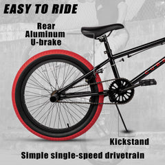 Cubsala 20 in Kids BMX Bike Freestylefor Age 6 - 14 Years Old Boys Girls with 4 Pegs, Black with Red Tires