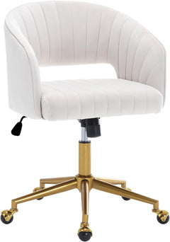 Home Office Swivel Desk Chair, Modern Velvet Vanity Chair, Height Adjustable Armchair with Gold Base, Ergonomic Office Chair for Task Study Computer Room, Beige