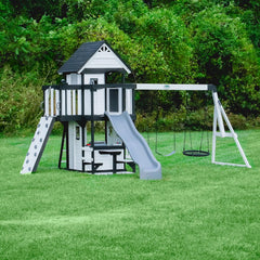 Backyard Discovery Canyon Creek Cedar Wood Swing Set with Wave Slide. Clubhouse. Play Kitchen. Picnic Area. Belt Swings. Web Swing. Rock Wall. Balconies. Playhouse. Step Ladder. Outdoor Playset