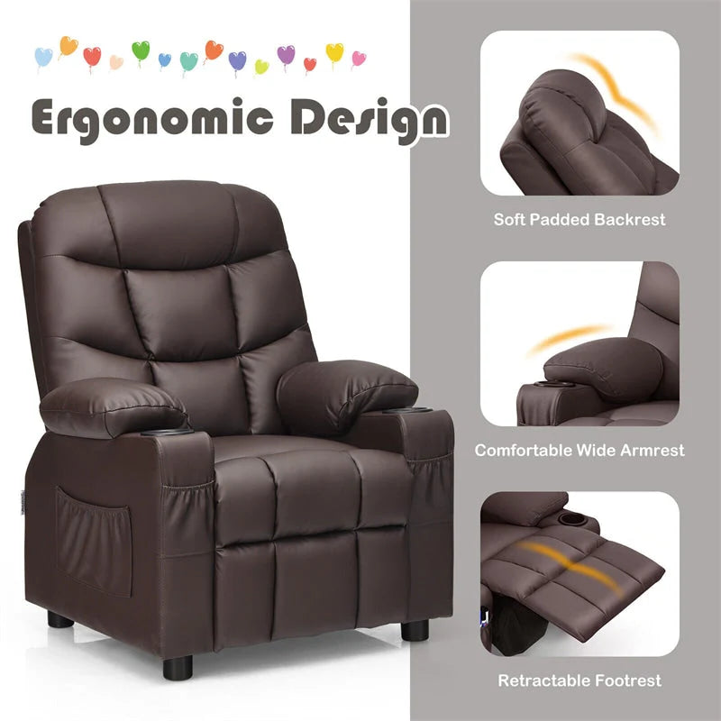 Kids Recliner Chair Adjustable Velvet Lounge Sofa with Cup Holders, 3 Pockets, Retractable Footrest, Toddler Furniture Sofa for Boys Girls Room